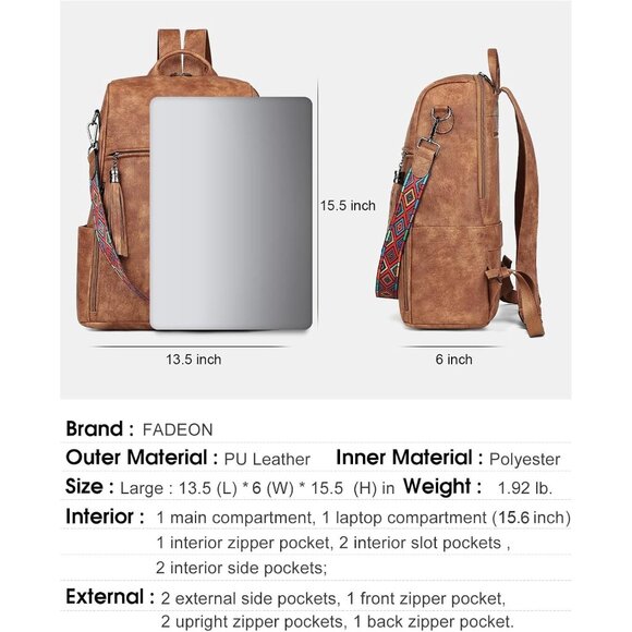 Women's Brown Retro Style Backpack Designer 15.6 inch PU Leather Laptop Bags - Picture 3 of 9